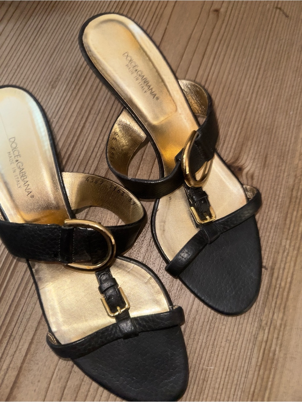 Dolce & Gabbana Black Leather Slide Mules with Gold Buckle Accents